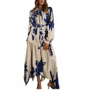 NEW MULLA women's maxi print uneven belted long dress in blue